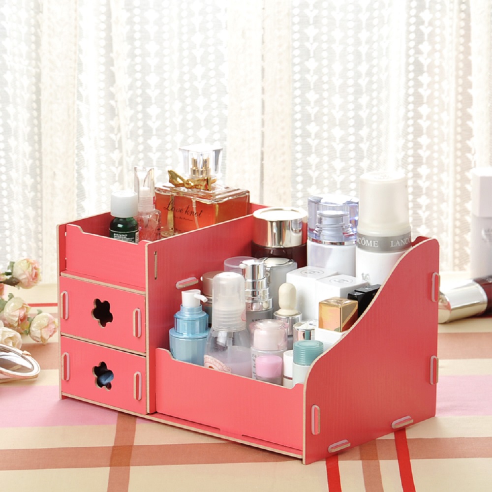 【逛逛市集】桌上型DIY木質收納置物架 粉色 化妝盒 收納盒 置物盒 文具盒 飾品盒
